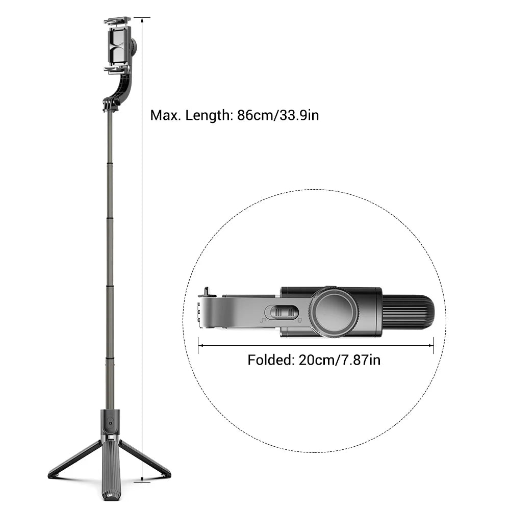 3 in 1 Phone Gimbal Stabilizer Selfie Stick Tripod 86cm 5-Section with Remote Shutter Phone Clamp Smart Rotatable Compatible with Smartphones