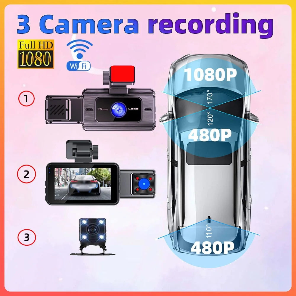 3 Channel Dash Cam Front and Rear Inside, 1080p 3 Inches 170° Wide Angle Dashcam, Dash Camera for Cars with 128GB Card, Super Night Vision, G-Sensor, Motion Detection