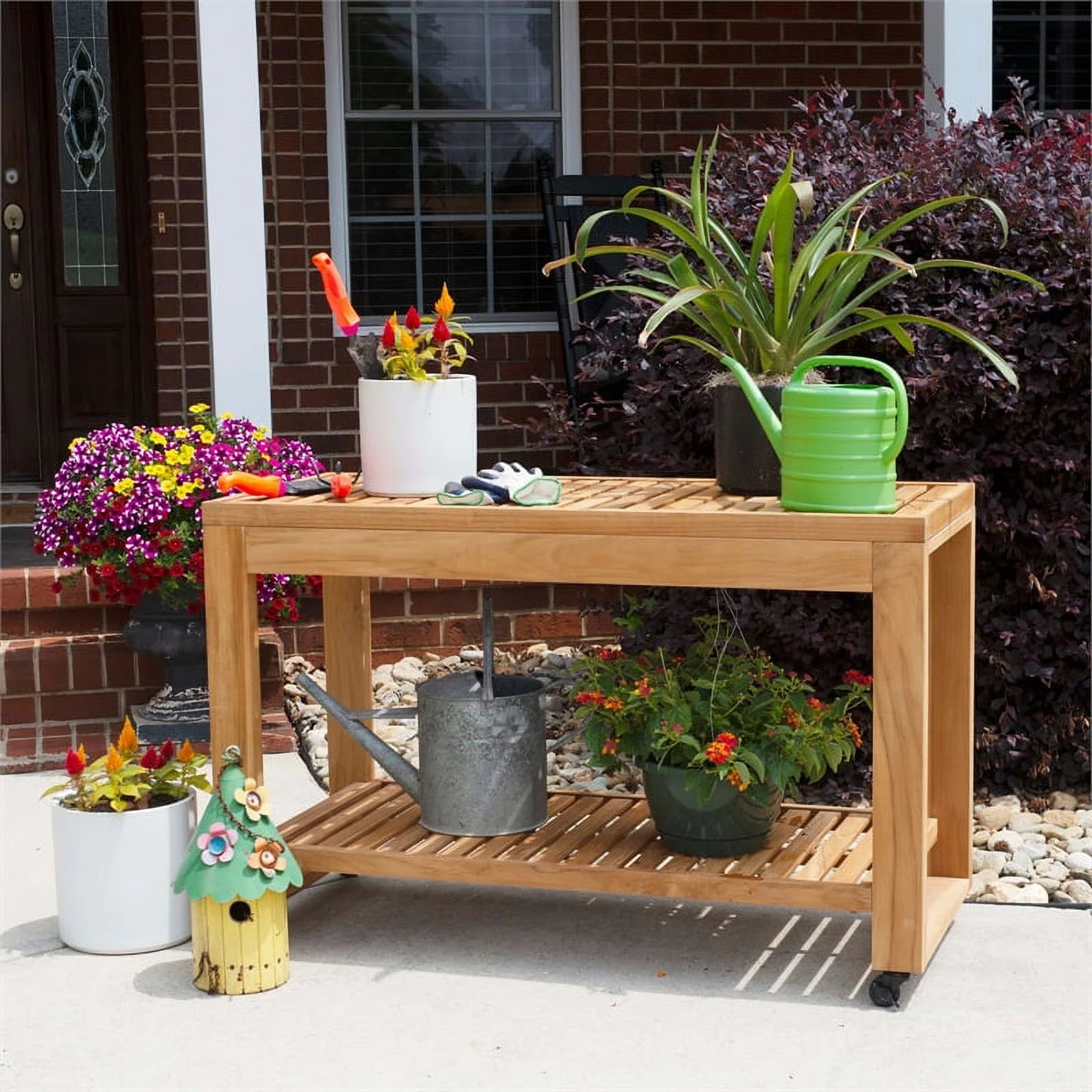 Afuera Living Wood Outdoor Rolling Kitchen Island Slatted Top & Shelf in Natural