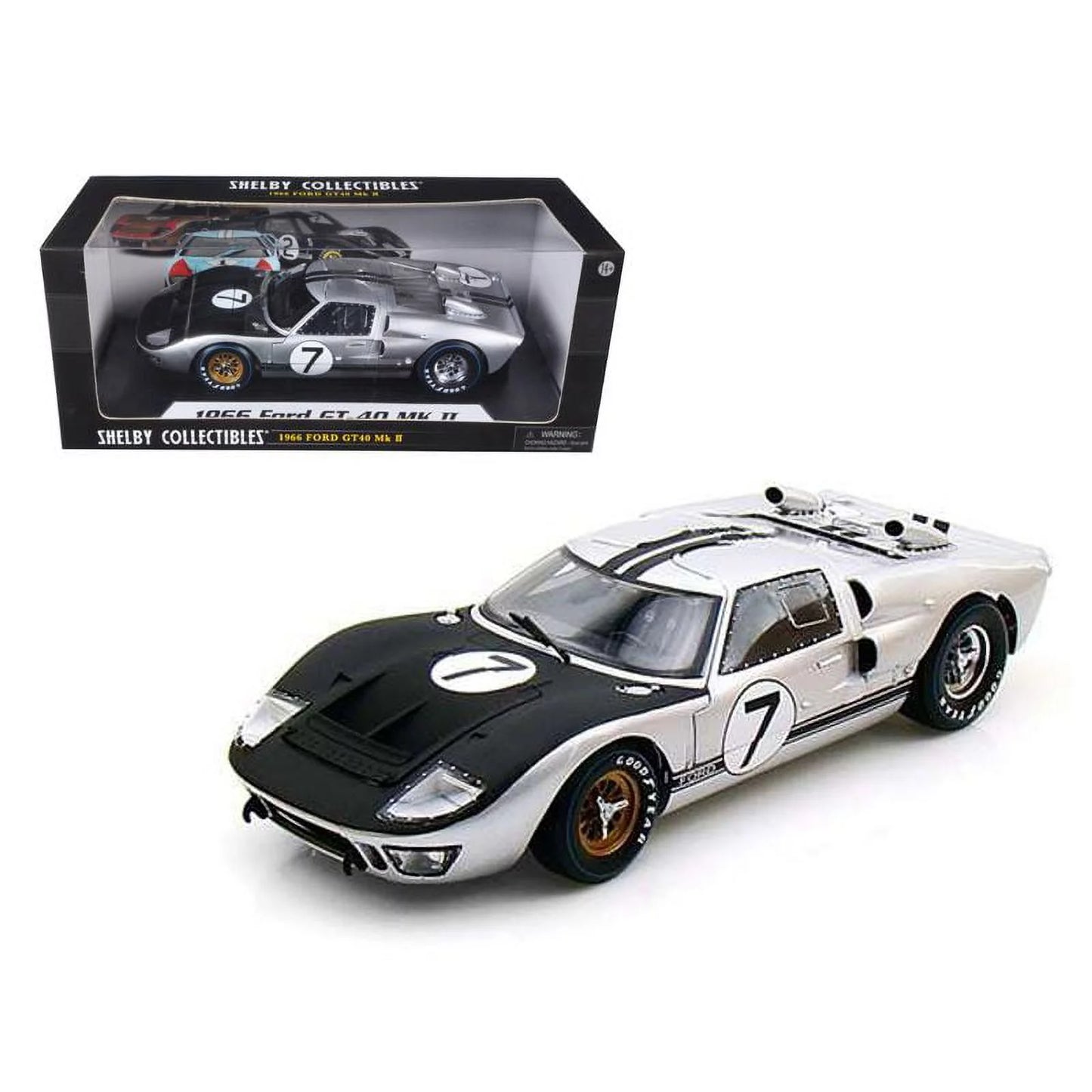 1966 Ford GT-40 MK II #7 Silver 1/18 Diecast Model Car by Shelby Collectibles