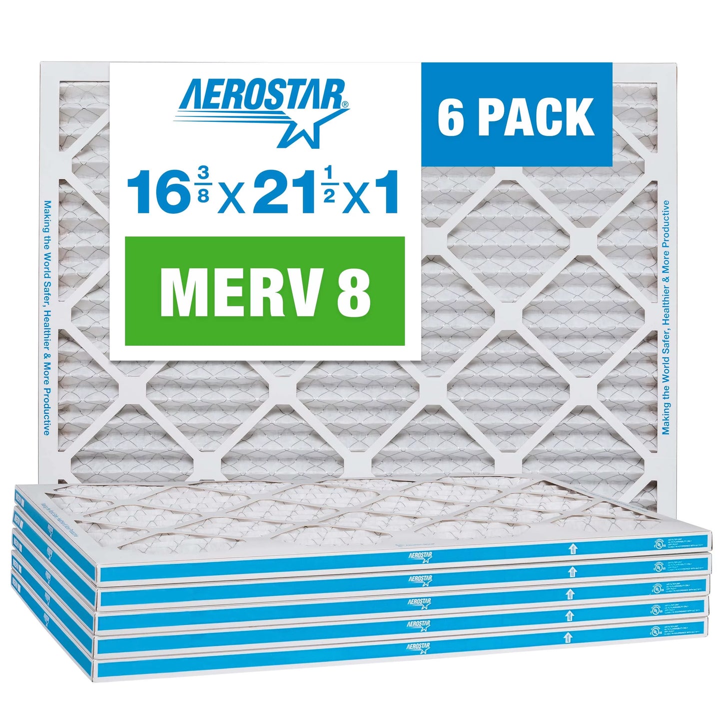 Aerostar 16 3/8 x 21 1/2 x 1 MERV 8 Pleated Air Filter, AC Furnace Air Filter, 6 Pack