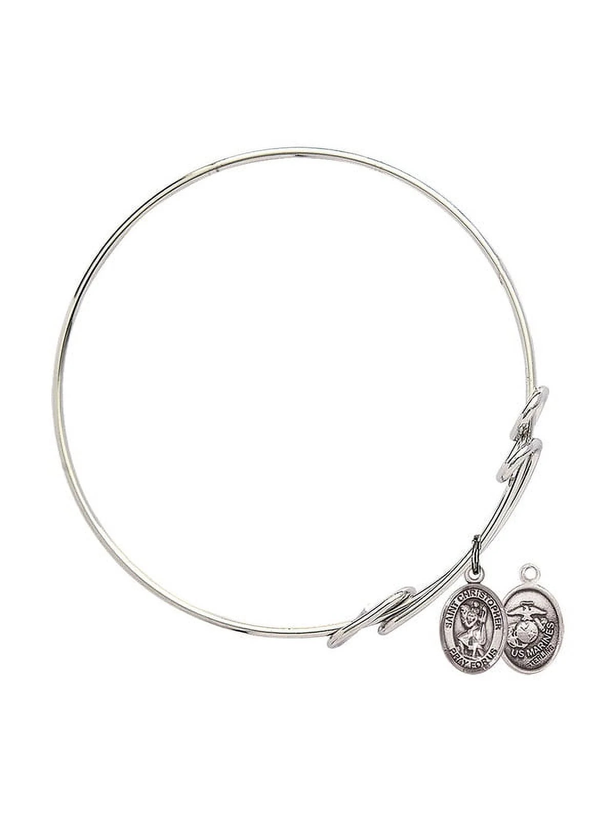 8 1/2 inch Round Double Loop Bangle Bracelet w/ St. Christopher / Marines in Sterling Silver