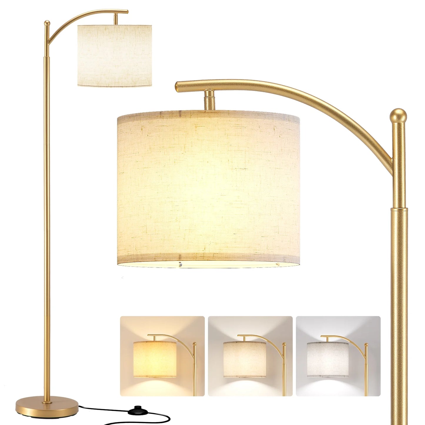 AOHAO Metal Arc Floor Lamp with Remote Control & Stepless Dimmable Bulb, for Living Room, Bedroom,Gold