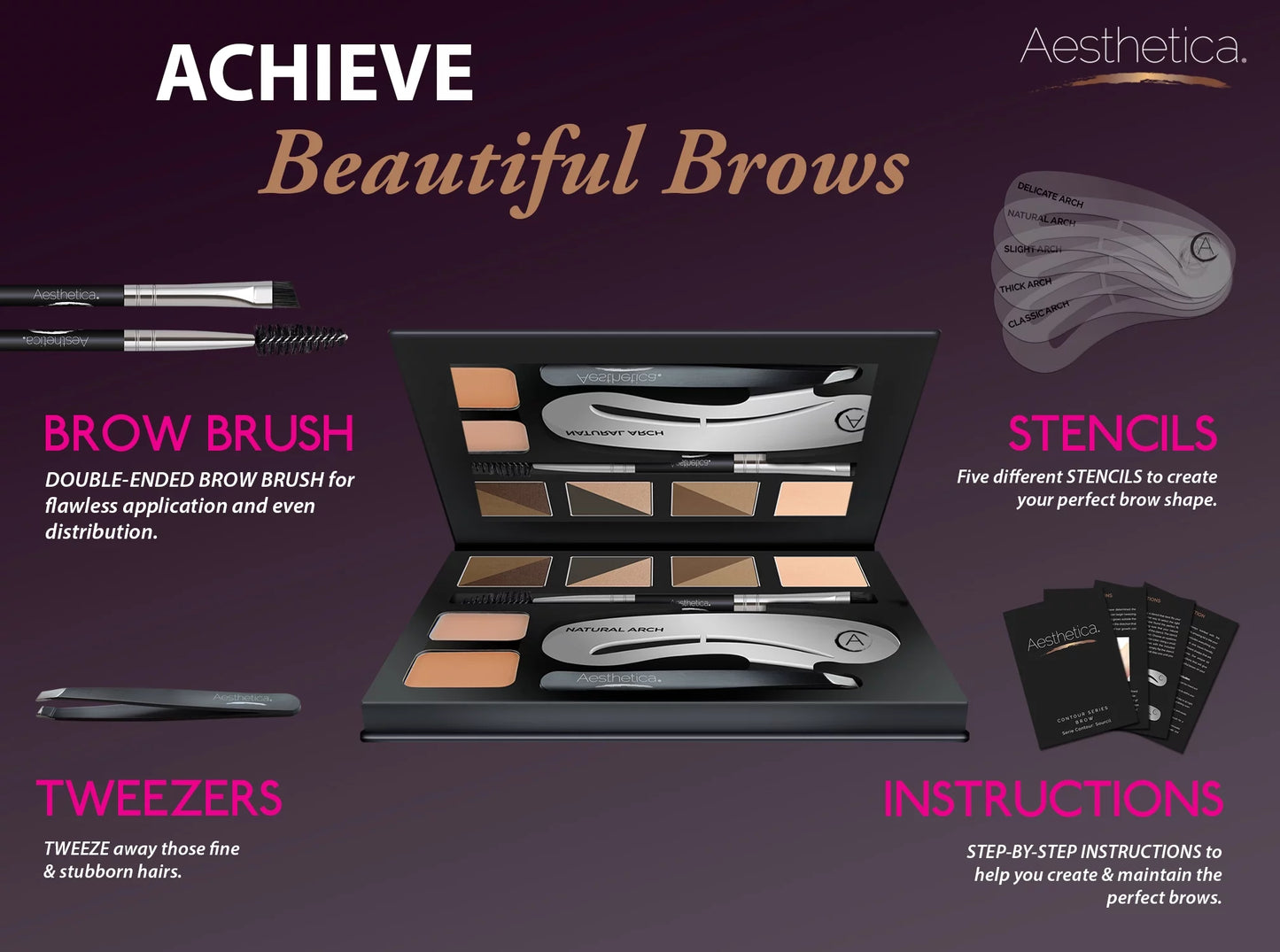 Aesthetica Brow Contour Kit - 16-Piece Eyebrow Makeup Palette - 6 Eyebrow Powders, 5 Eyebrow Stencils, Spoolie/Brush Duo, Tweezers, Brow Wax, Highlighter, Concealer & Instructions