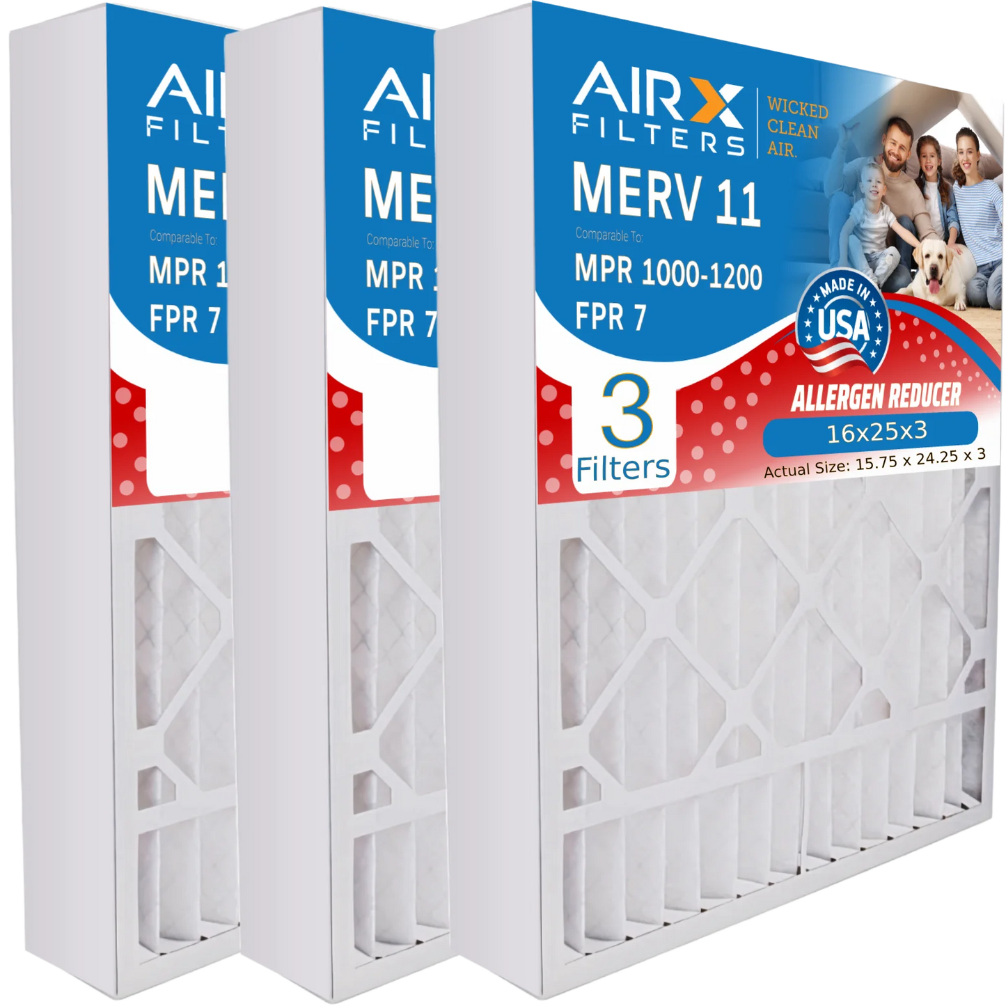 16x25x3 Air Filter MERV 11 Comparable to MPR 1000, MPR 1200 & FPR 7 Compatible with Lennox X0581 Air Filter 3 Pack16x25x3 by AIRX FILTERS WICKED CLEAN AIR.