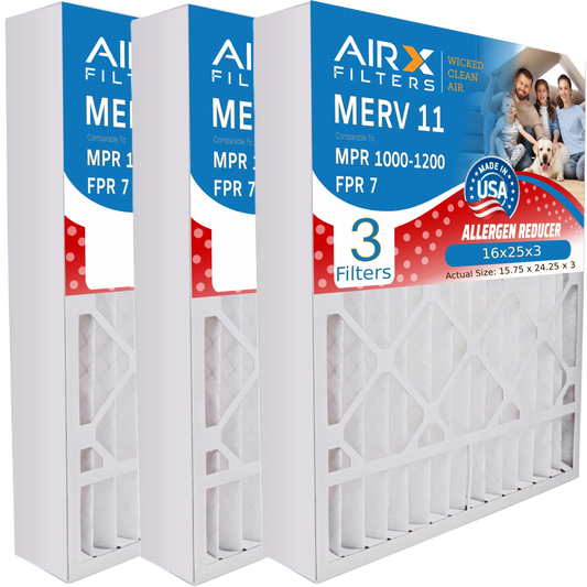 16x25x3 Air Filter MERV 11 Comparable to MPR 1000, MPR 1200 & FPR 7 Compatible with Lennox X0581 Air Filter 3 Pack16x25x3 by AIRX FILTERS WICKED CLEAN AIR.