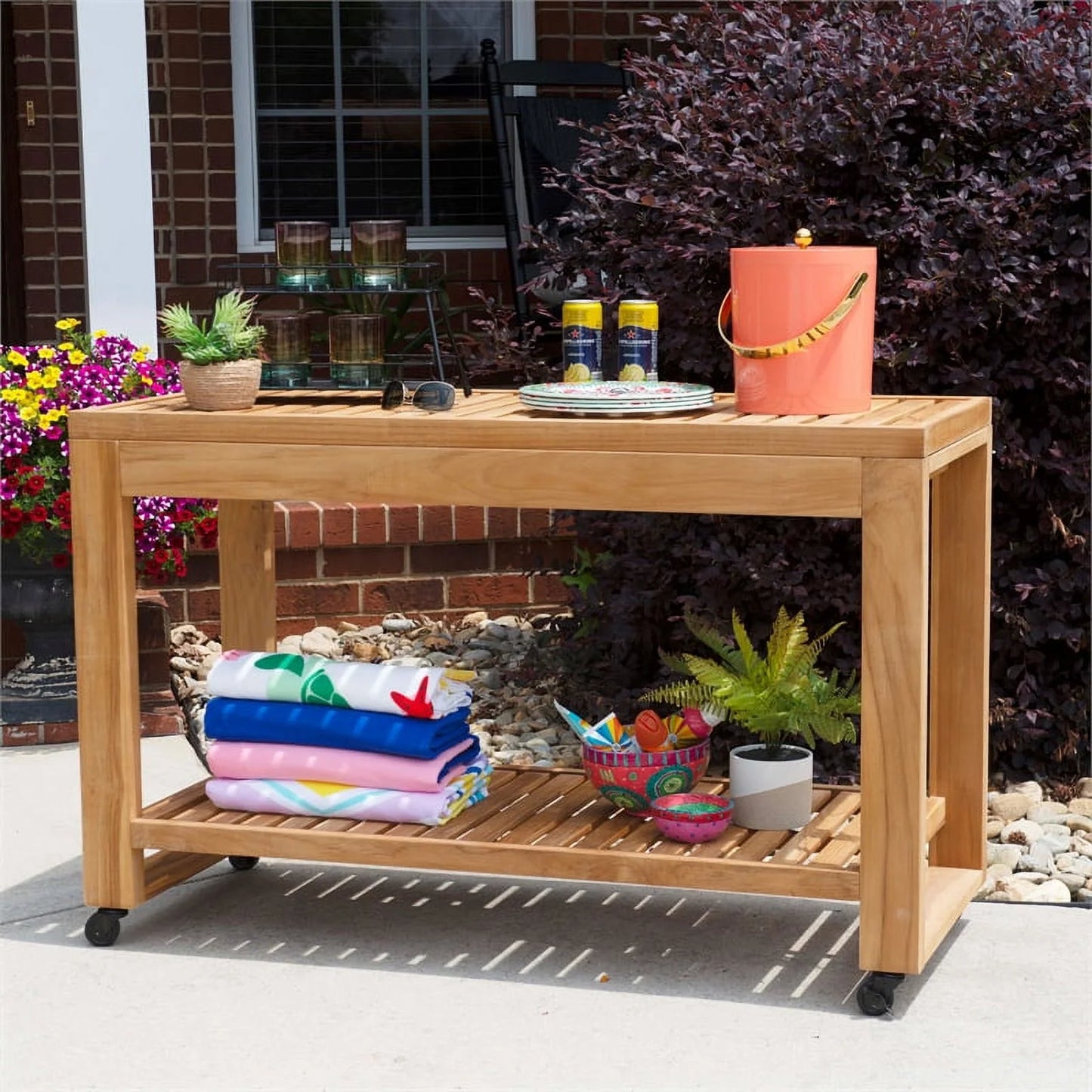 Afuera Living Wood Outdoor Rolling Kitchen Island Slatted Top & Shelf in Natural