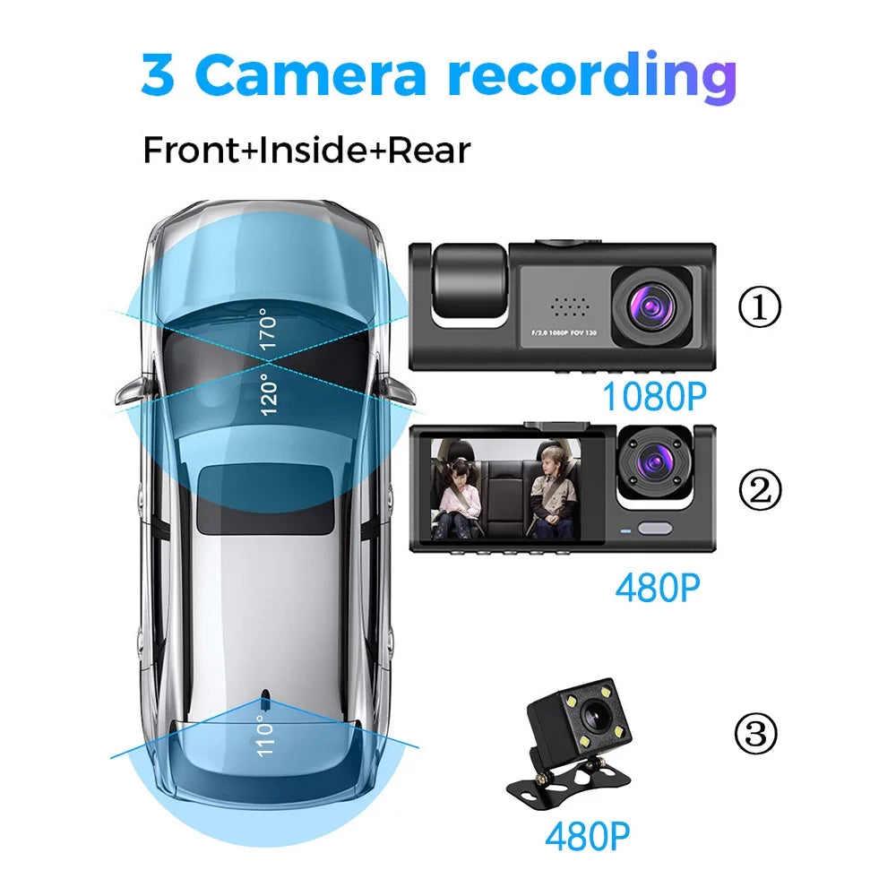 Andoer Multi-Language Dash Cam with Triple Channel System, Front/Rear/Inside Car Cameras, Auto Safety Driving Recorder