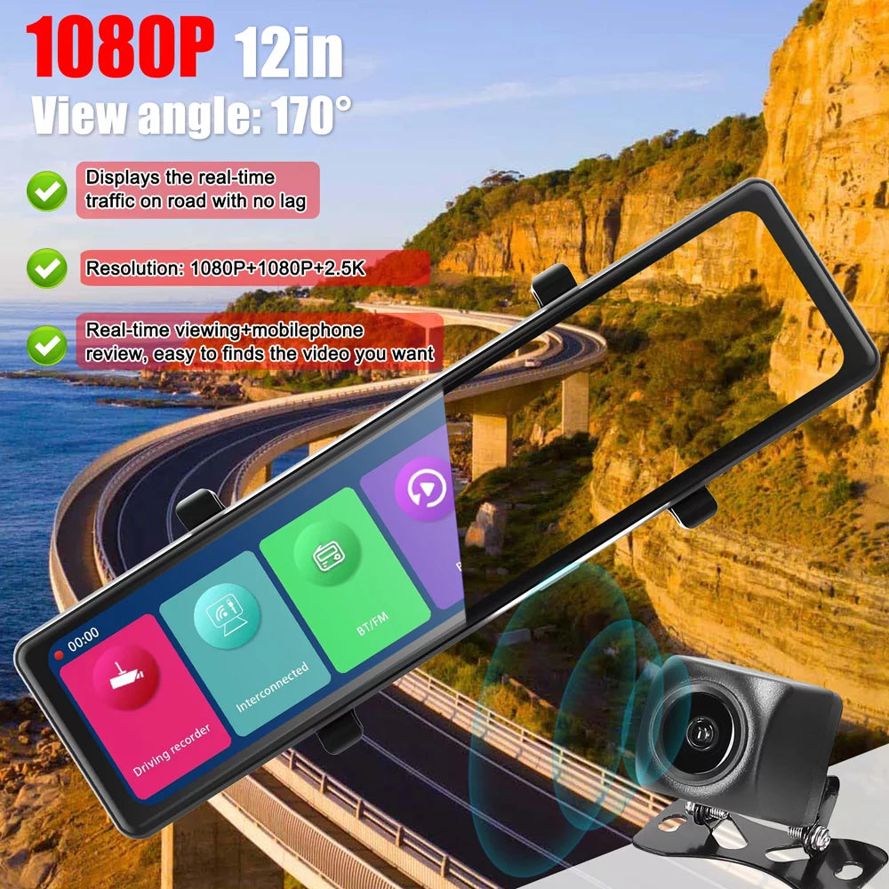 Andoer 3 Cameras Dash Cam 12in 2.5K Clear Car Rearview Mirror Car Video Recording Touched Monitor Car Recorder Carplay Auto Driving Recorder