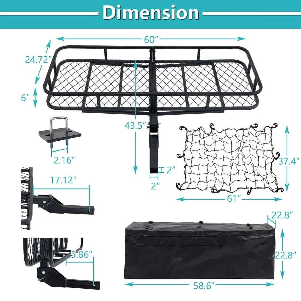 60"x24"x6" hook mounted folding cargo basket with cargo net, 500 lb capacity 60" x 24" x 6" Hitched Mounted Folding Cargo Basket with Cargo Net, 500lb Capacity for Car SUV Truck Trailer, Black