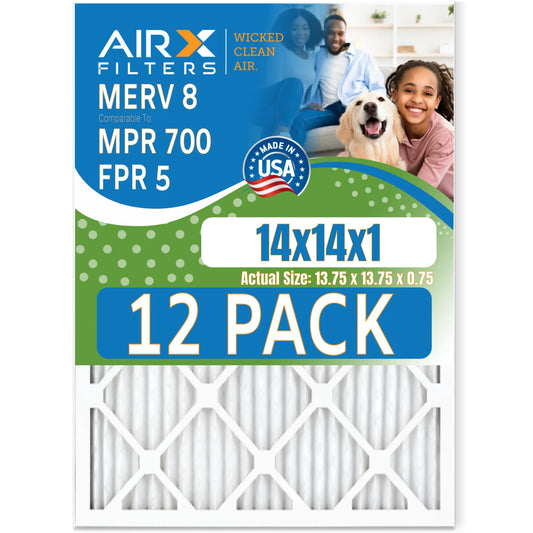 14x14x1 Air Filter MERV 8 Rating, 12 Pack of Furnace Filters Comparable to MPR 700 & FPR 5 - Made in USA by AIRX FILTERS WICKED CLEAN AIR.