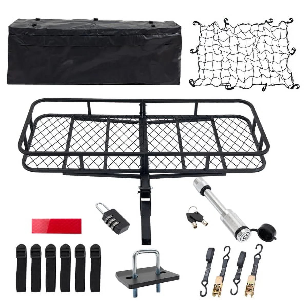 60"x24"x6" hook mounted folding cargo basket with cargo net, 500 lb capacity 60" x 24" x 6" Hitched Mounted Folding Cargo Basket with Cargo Net, 500lb Capacity for Car SUV Truck Trailer, Black