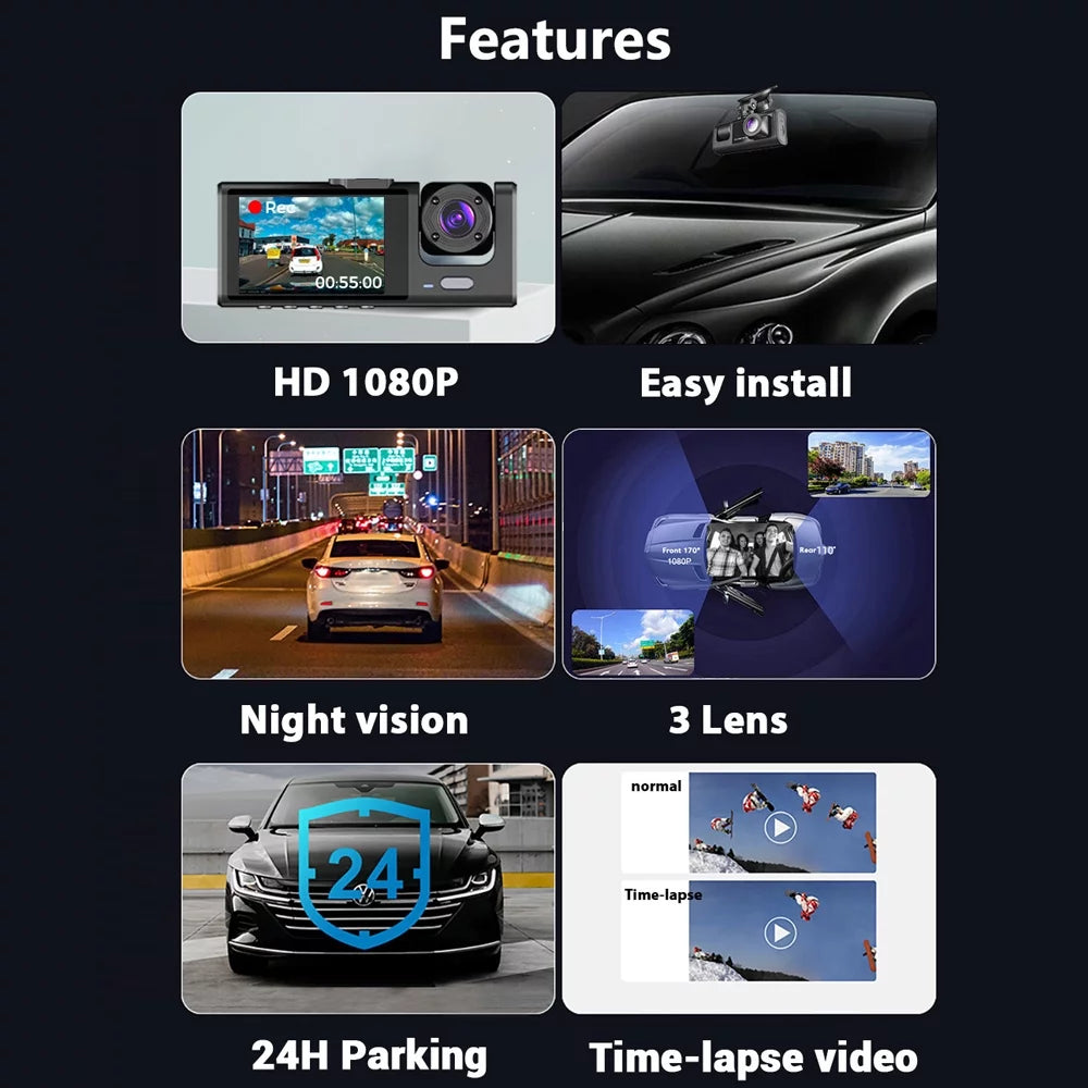 Andoer Multi-Language Dash Cam with Triple Channel System, Front/Rear/Inside Car Cameras, Auto Safety Driving Recorder