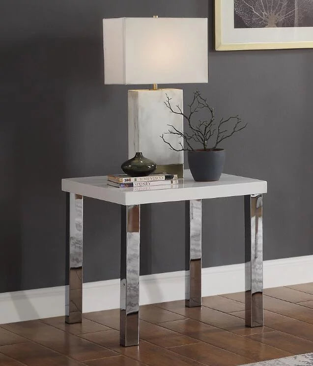 ACME Harta End Table, White High Gloss & Chrome 82332