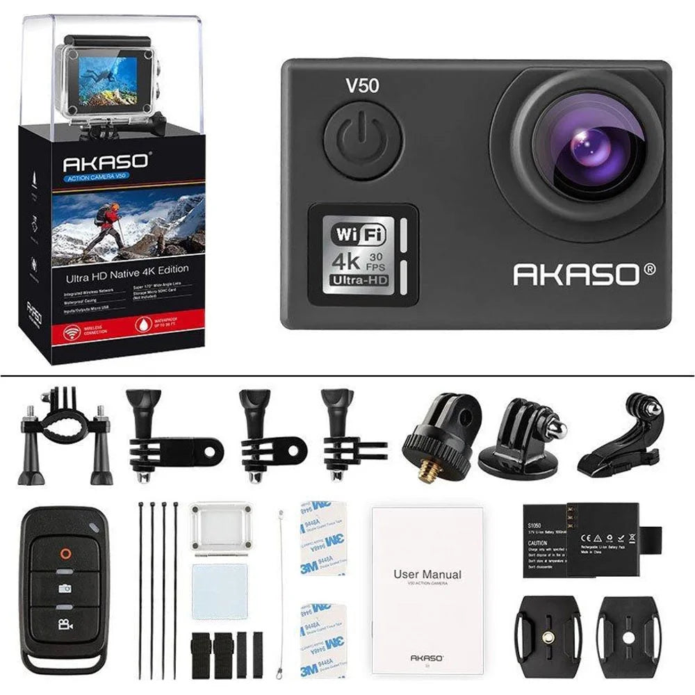 Akaso V50 Action Camera-Native 4K/30fps 20 MP with Wi-Fi - (Open Box)