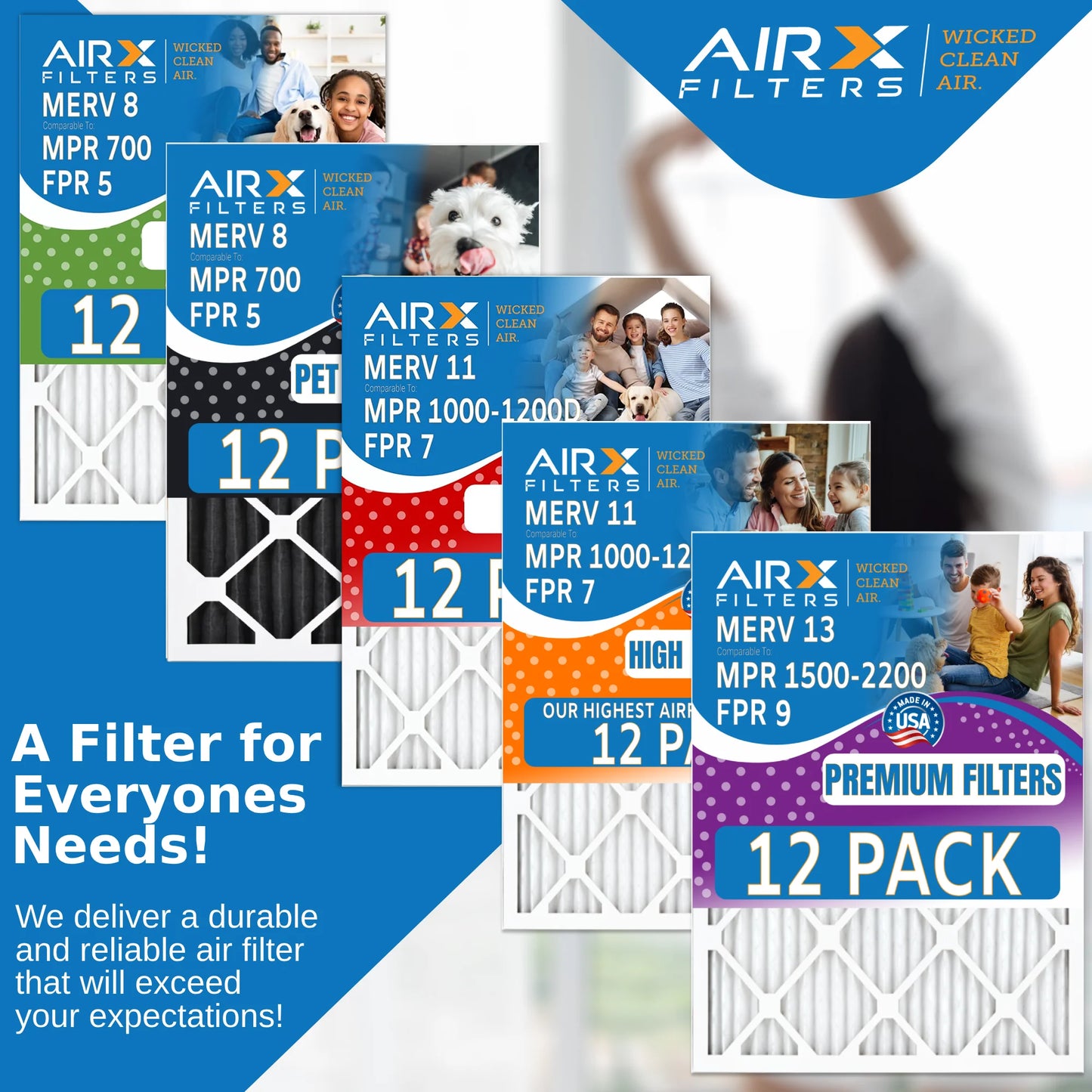 12x24x1 Air Filter MERV 8 Rating, 12 Pack of Furnace Filters Comparable to MPR 700 & FPR 5 - Made in USA by AIRX FILTERS WICKED CLEAN AIR.