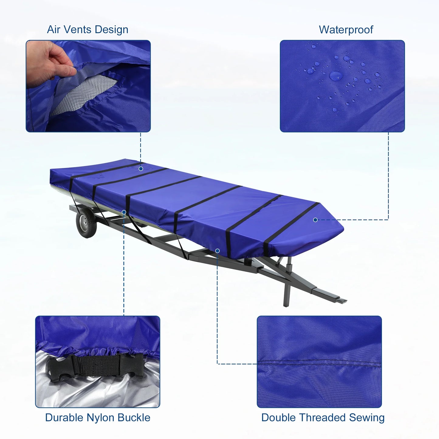 1 Set 14'-16'x70'' Jon Boat Cover 210D Polyester Air Vents Fluid Sunshine Resist Boat Cover Blue