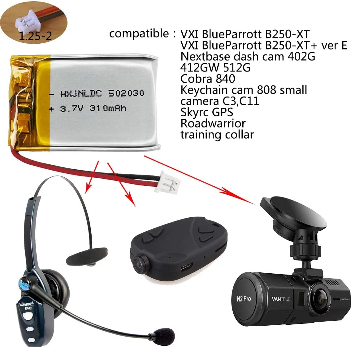 3.7V 310mah 502030 y for VXI BlueParrott B250-XT Bluetooth y Replacement dashcam Nextbase Dash cam