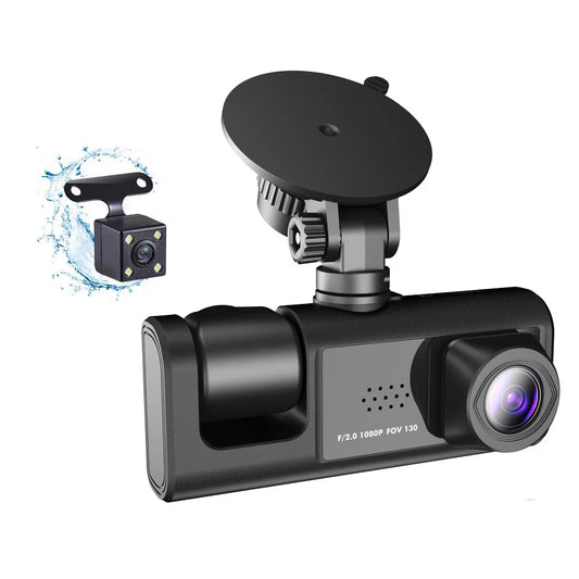 Andoer Multi-Language Dash Cam with Triple Channel System, Front/Rear/Inside Car Cameras, Auto Safety Driving Recorder