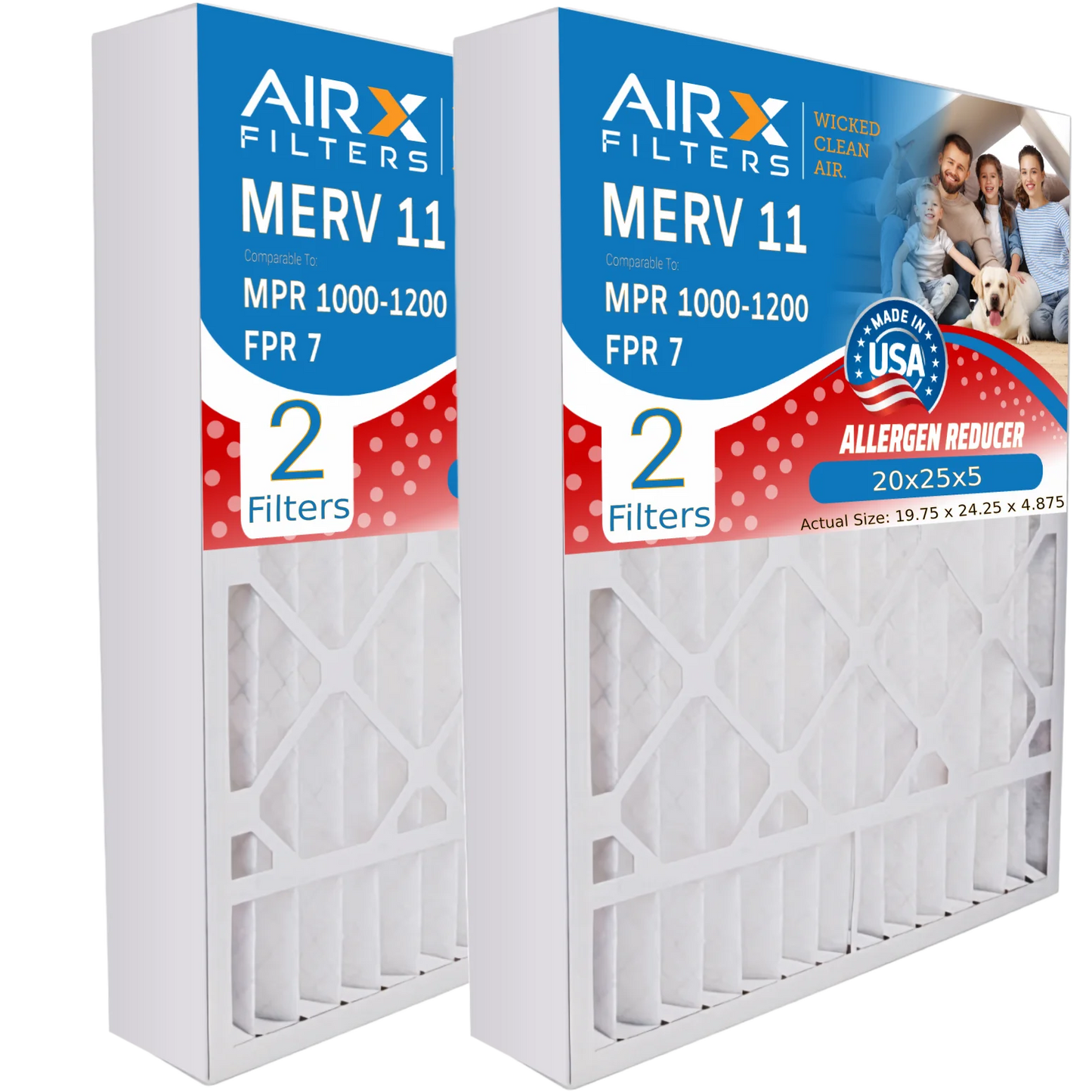 20x25x5 Air Filter MERV 11 Comparable to MPR 1000, MPR 1200 & FPR 7 Compatible with ReservePro 4501 Premium USA Made 20x25x5 Furnace Filter 2 Pack by AIRX FILTERS WICKED CLEAN AIR.