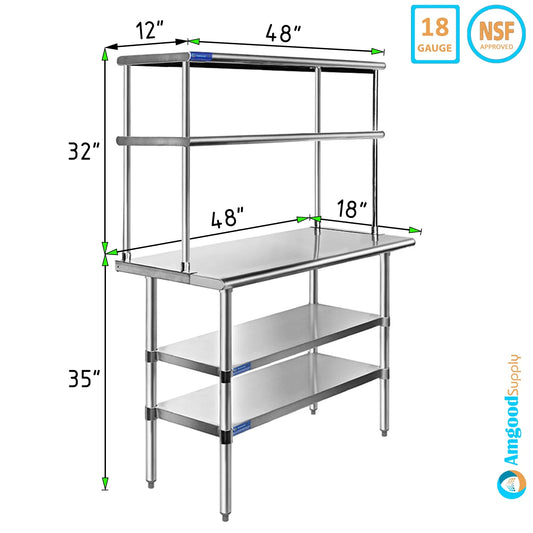 18" x 48" Stainless Steel Work Table With Two Shelves | 12" Wide Double Tier Overshelf | Metal Kitchen Prep Table & Shelving Combo