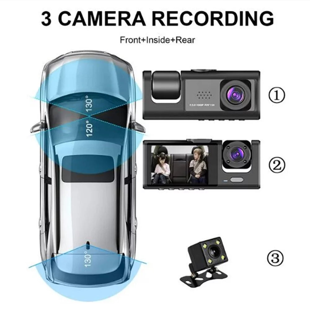 ALLTIMES 1080HD Car Dash Cam Recorder, 3 in 1 Cameras Front Interior Rear 2" HD IPS Display Display G-Sensor, Motion Detection, Loop Recording, with Car Charger and Video Cable