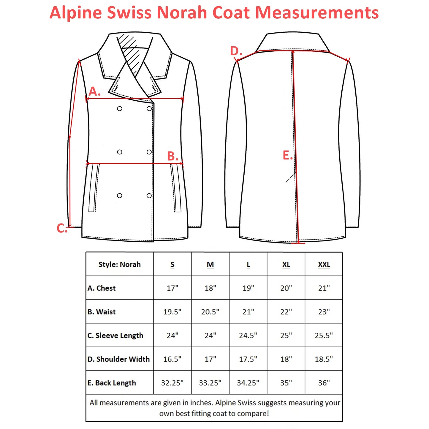 Alpine Swiss Norah Womens Wool Coat Double Breasted Peacoat Jacket Overcoat