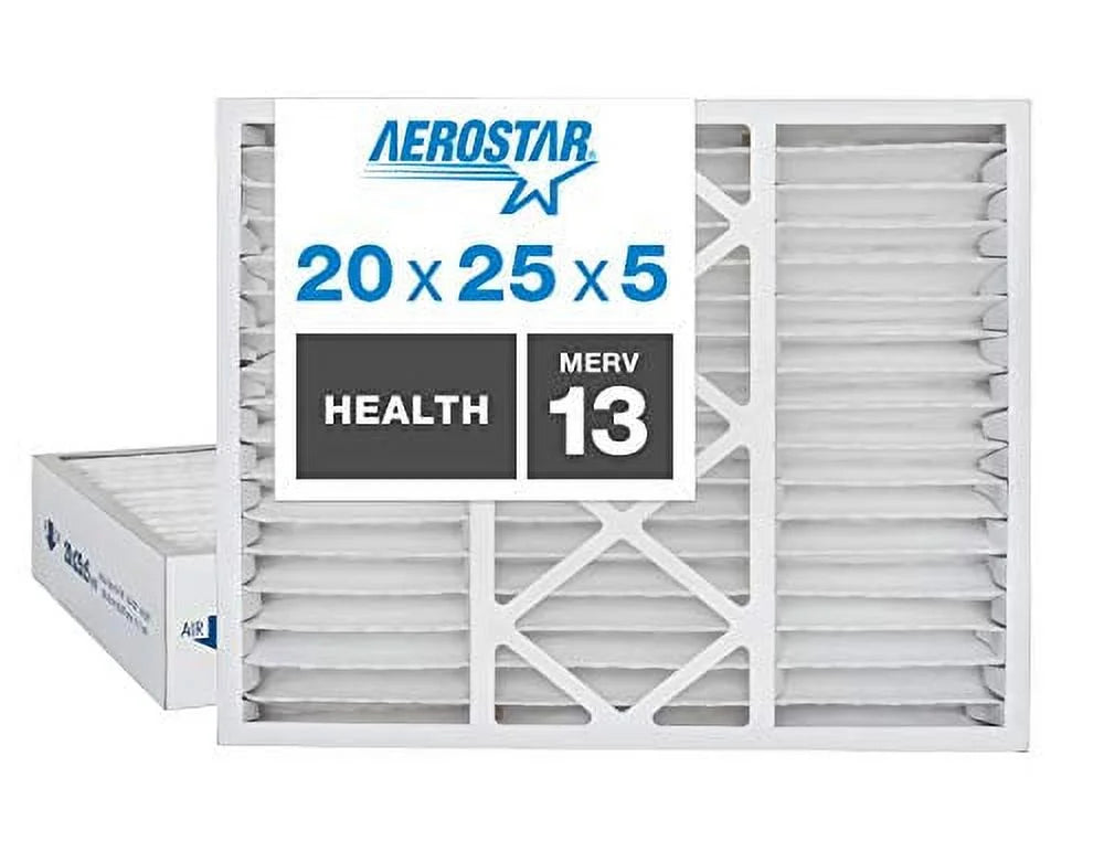 Aerostar Home Max 20x25x5 MERV 13 Honeywell Replacement Pleated Air Filter, Made in the USA, Captures Virus Particles, (Actual Size: 20"x24 3/4"x4 3/8"), 2-Pack, White