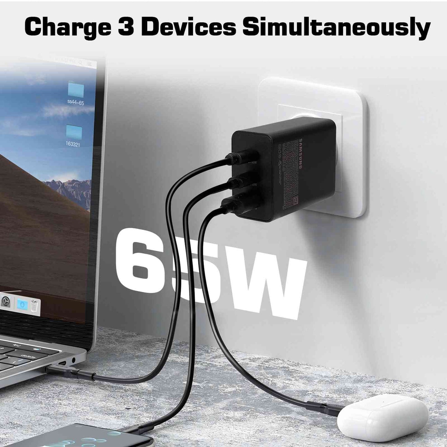 65W Fast Travel Charger with 3 Ports - USB & Dual USB-C - High-Speed Charging for Infinix Zero X/Zero X Neo/Hot 10i/Note 10 Pro NFC/Note 10 Pro iPhone, Galaxy, Notebook Phones Google Pixel