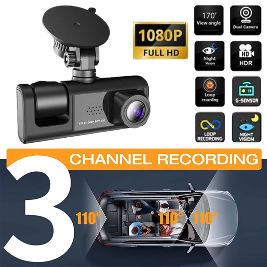 ALLTIMES 1080HD Car Dash Cam Recorder, 3 in 1 Cameras Front Interior Rear 2" HD IPS Display Display G-Sensor, Motion Detection, Loop Recording, with Car Charger and Video Cable