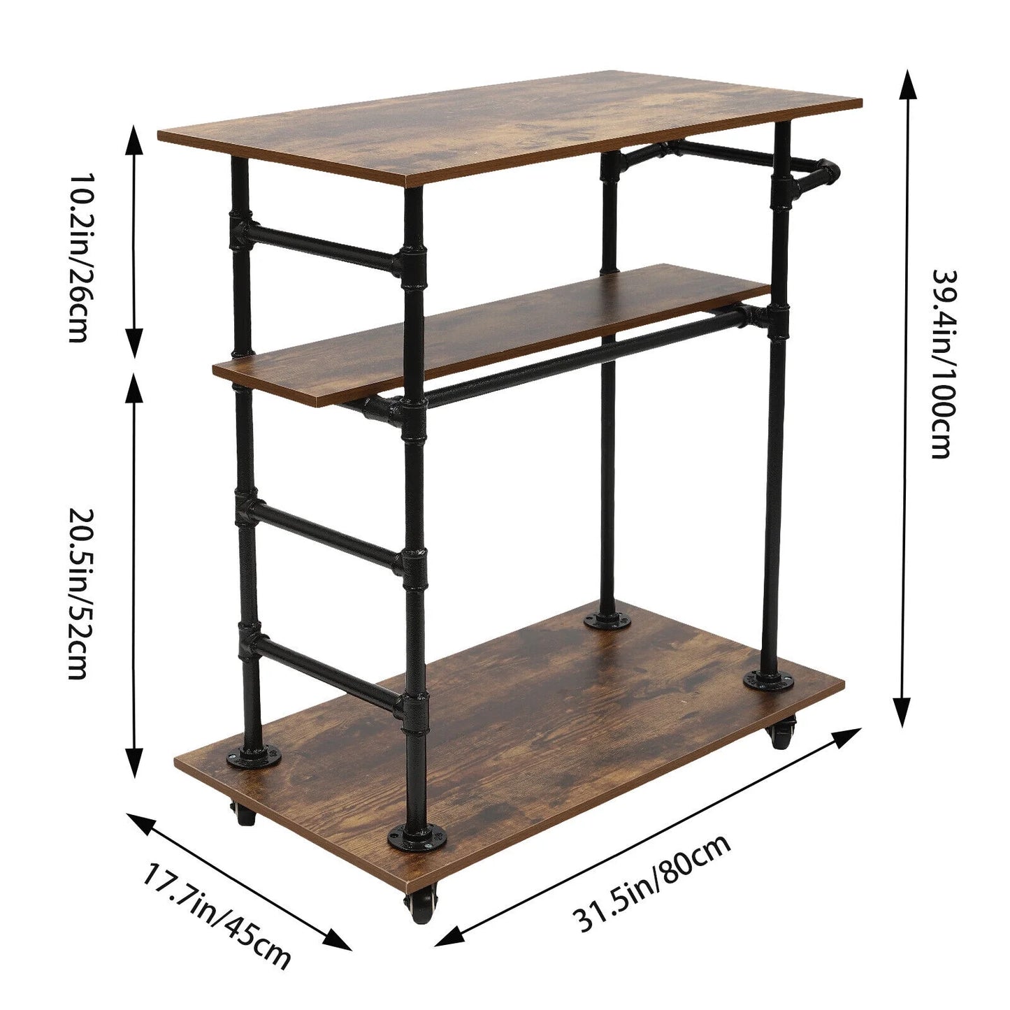 3 Layers 31.5"L x17.7"W x39.4"H Kitchen Cart Removable Hooks W/ Universal Wheels