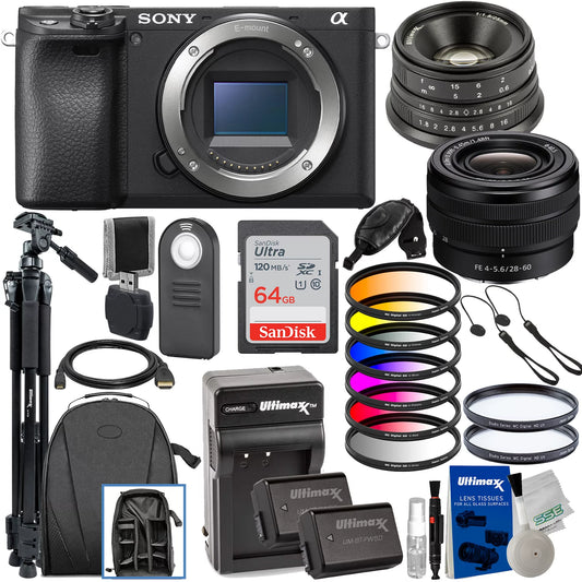 Alpha a6400 Mirrorless Digital Camera with FE 28-60mm f/4-5.6 Lens & Ultimaxx 25mm f/1.8 Manual Lens + Deluxe Accessory Bundle: SanDisk 64GB Ultra SDXC, Lightweight 72” Tripod & Much More