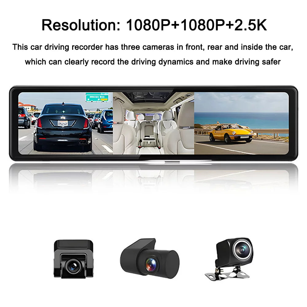 Andoer 3 Cameras Dash Cam 12in 2.5K Clear Car Rearview Mirror Car Video Recording Touched Monitor Car Recorder Carplay Auto Driving Recorder