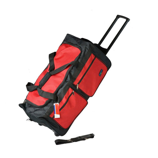 28" Heavy Duty Iron Bar Duffle Bag - Collapsible Travel Bag with Multi-Pocket System, Wheels - Red