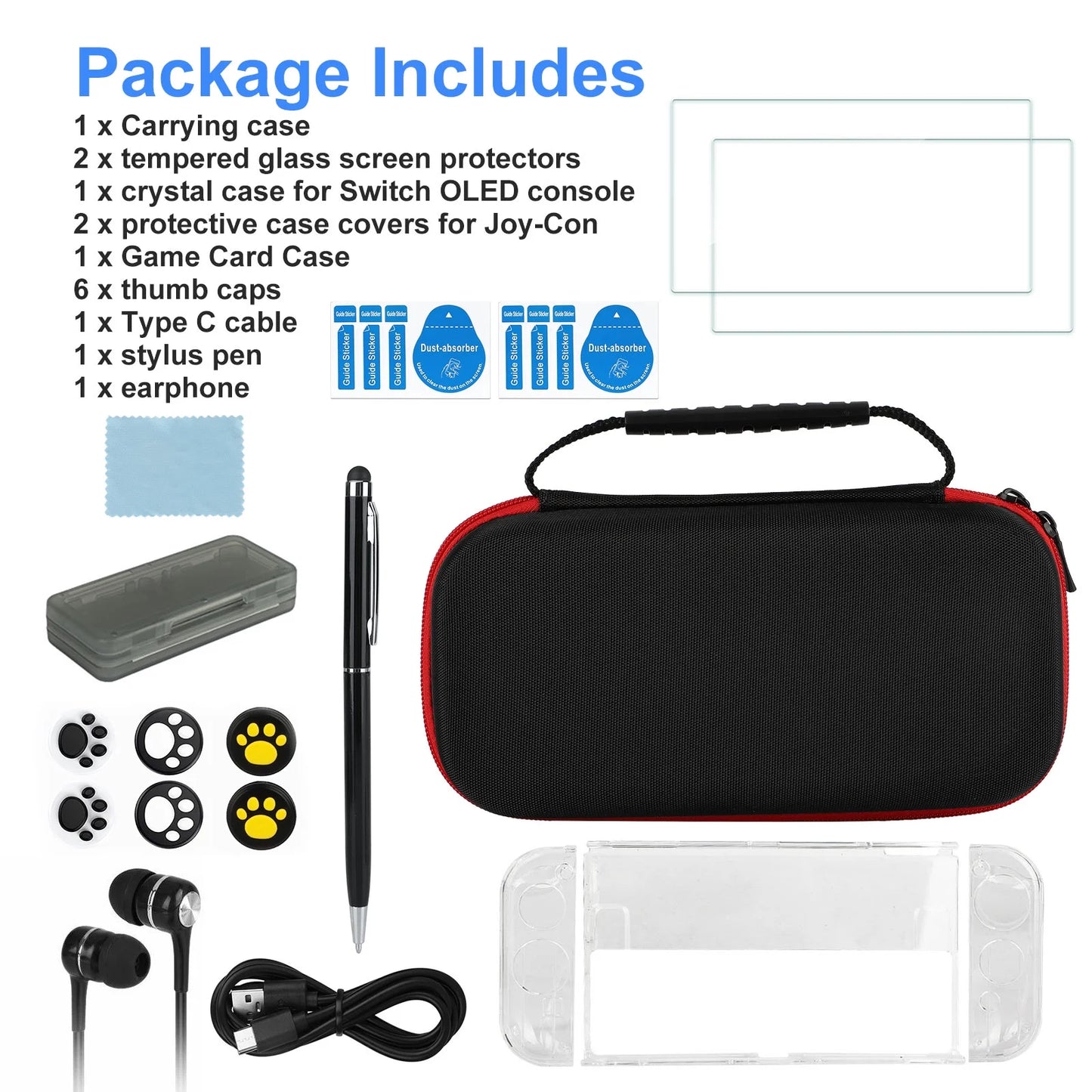 16-in-1 Accessories Kit Fit for Nintendo Switch OLED, EEEkit Accessories Bundle with Carrying Case, Protective Cover Case, Tempered Glass Monitor Protector, Thumb Grips, and More, Black