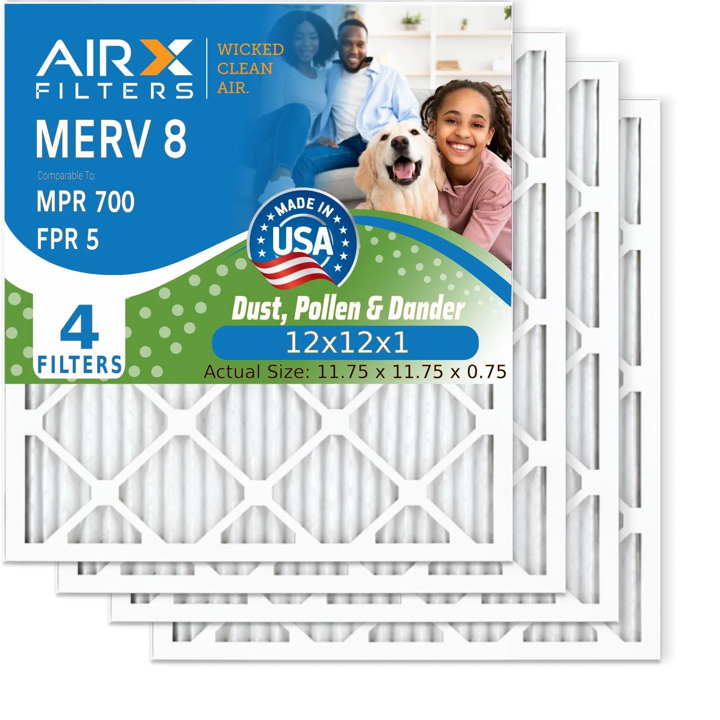 12x12x1 Air Filter MERV 8 Comparable to MPR 700 & FPR 5 Electrostatic Pleated Air Conditioner Filter 4 Pack HVAC AC Premium USA Made 12x12x1 Furnace Filters by AIRX FILTERS WICKED CLEAN AIR.