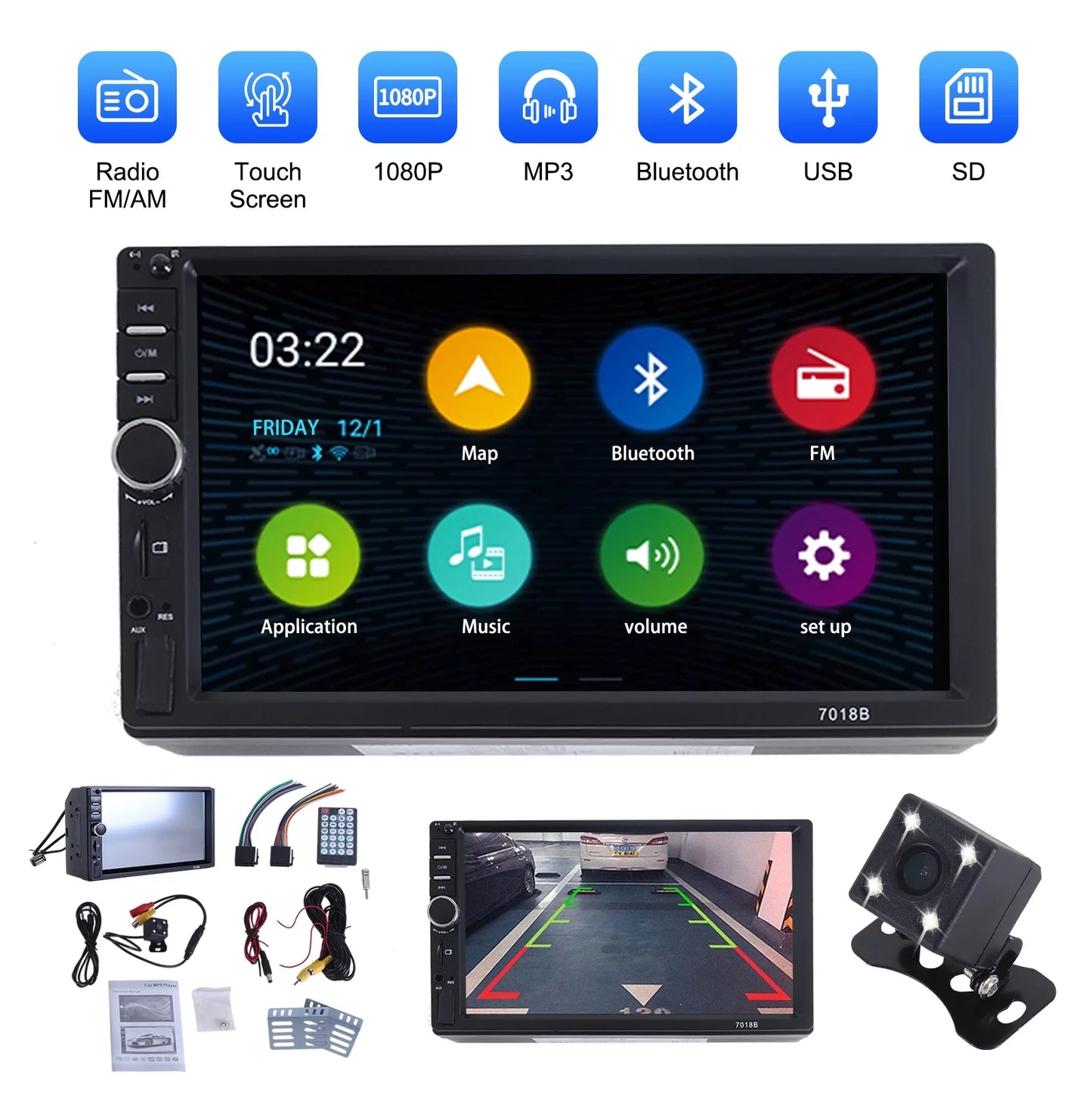 7" Car Stereo Double Din Bluetooth Car Radio Touch Display Car Radio Audio Receiver Radio with Backup Camera - Support Mirror Link/USB/SD/AUX, Hands Free Calling