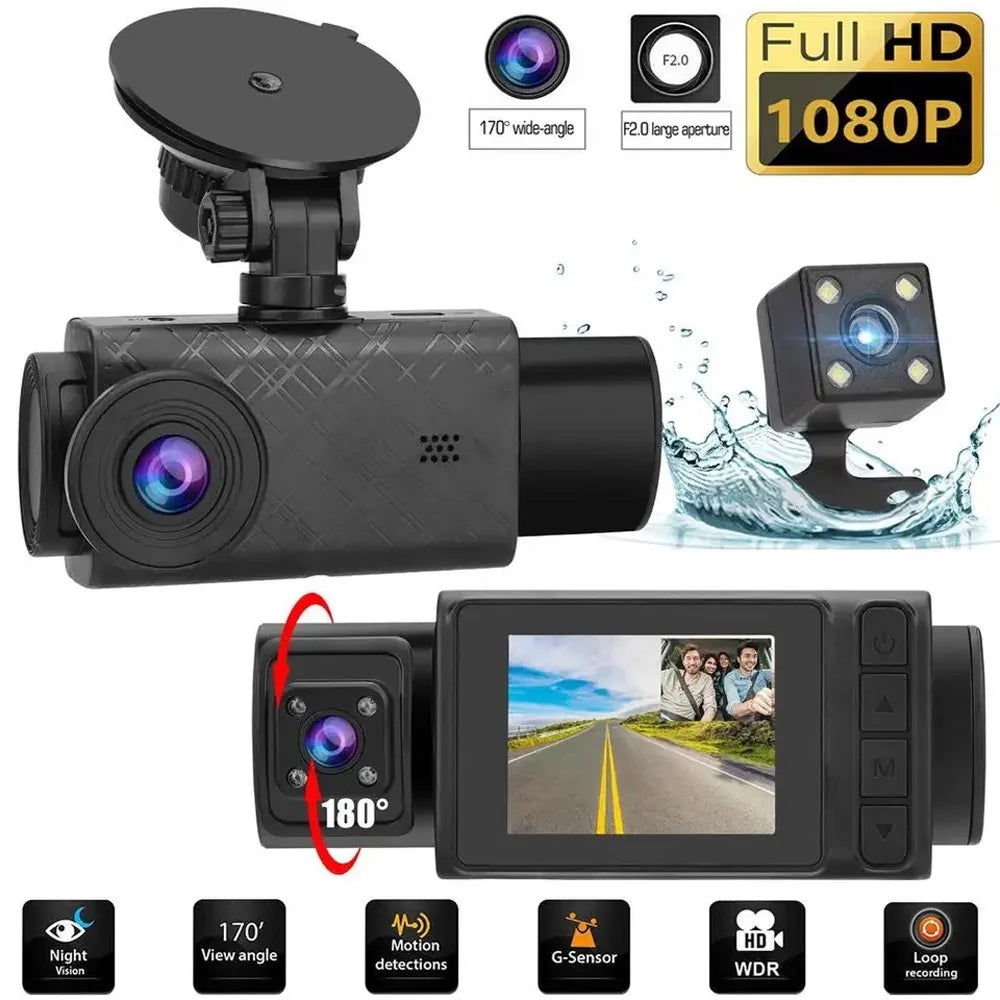 Anself 3 Cameras Dash Cam 2in Clear Car Rearview Mirror Car Video Recording Multi-Language Car Recorder Auto Safety Driving Recorder