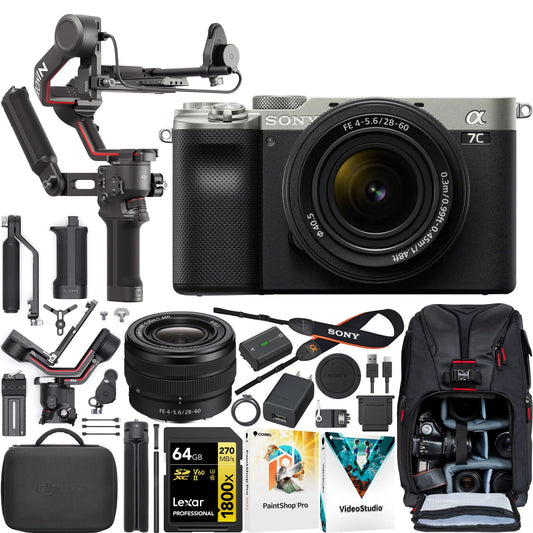 a7C Mirrorless Full Frame Camera Body with 28-60mm Lens Silver ILCE-7CL/S Filmmaker's Bundle Including DJI RS 3 Combo Gimbal Stabilizer Kit + Deco Gear Photography Backpack + 64GB Card &Software