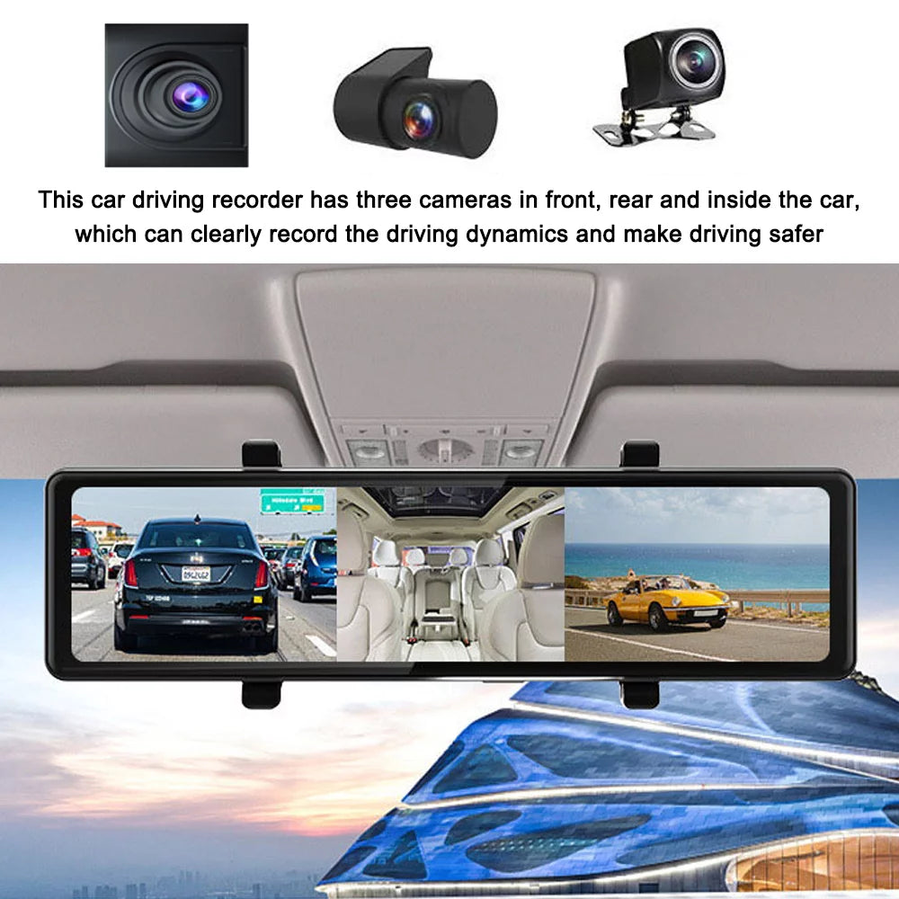 Andoer 3 Cameras Dash Cam 12in 2.5K Clear Car Rearview Mirror Car Video Recording Touched Monitor Car Recorder Carplay Auto Driving Recorder