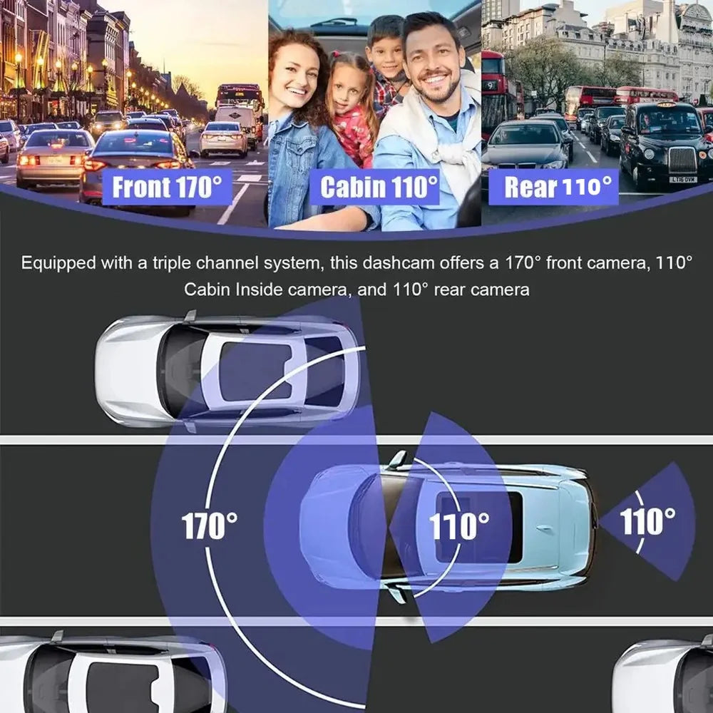 3 Channel Dash Cam Front and Rear Inside, 1080p 3 Inches 170° Wide Angle Dashcam, Dash Camera for Cars with 128GB Card, Super Night Vision, G-Sensor, Motion Detection