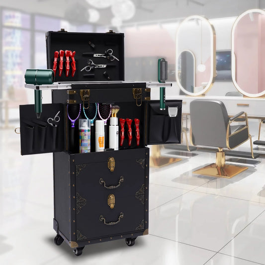 Aiqidi Rolling Lockable Makeup Train Case Hairdressing Trolley Barber Stylist Beauty Salon Cosmetic Luggage Travel Organizer Tool Box with Hair Dryer Holder