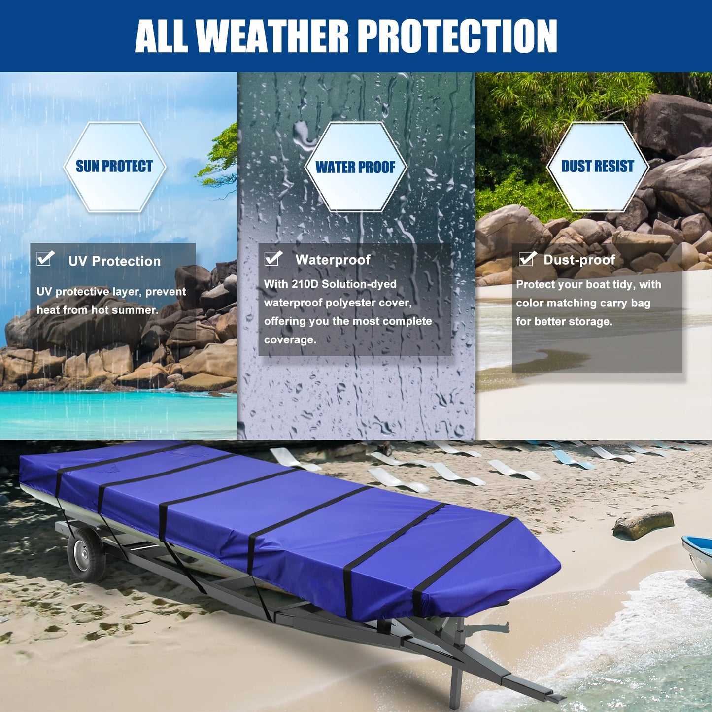 1 Set 14'-16'x70'' Jon Boat Cover 210D Polyester Air Vents Fluid Sunshine Resist Boat Cover Blue