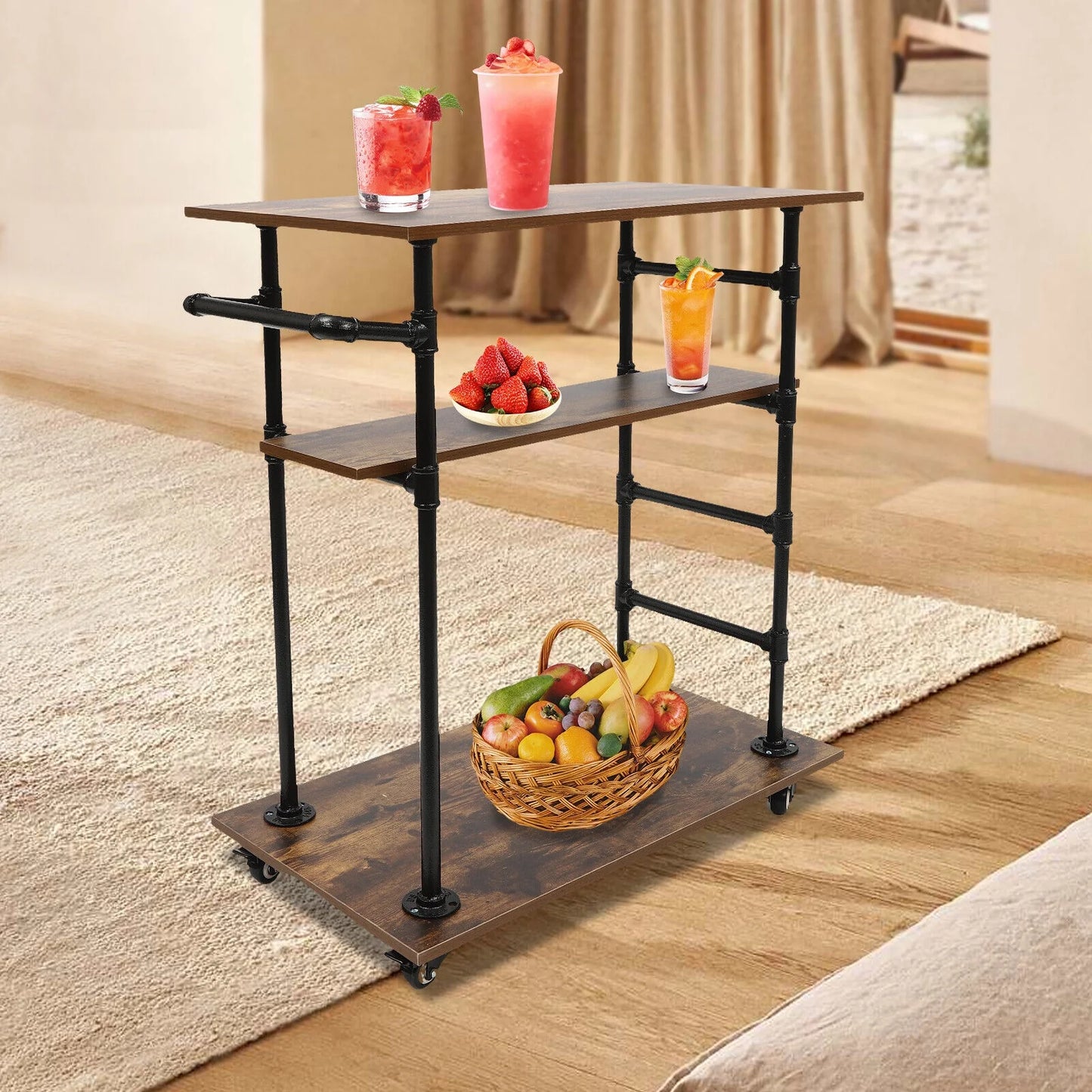 3 Layers 31.5"L x17.7"W x39.4"H Kitchen Cart Removable Hooks W/ Universal Wheels