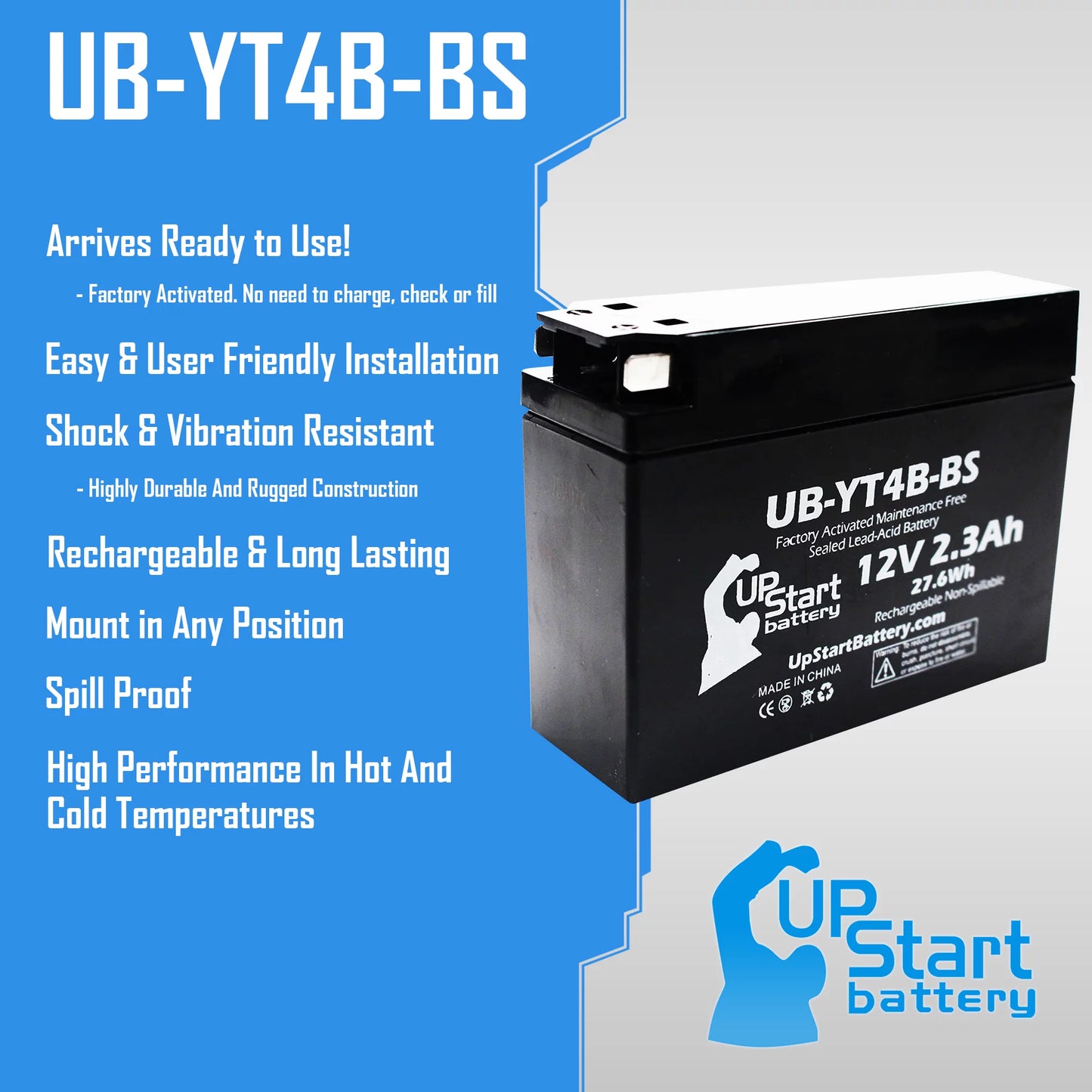 5-Pack UpStart Battery Replacement for 2012 Yamaha SR400 (FI) 400CC Factory Activated, Maintenance Free, Motorcycle Battery - 12V, 2.3Ah, UB-YT4B-BS