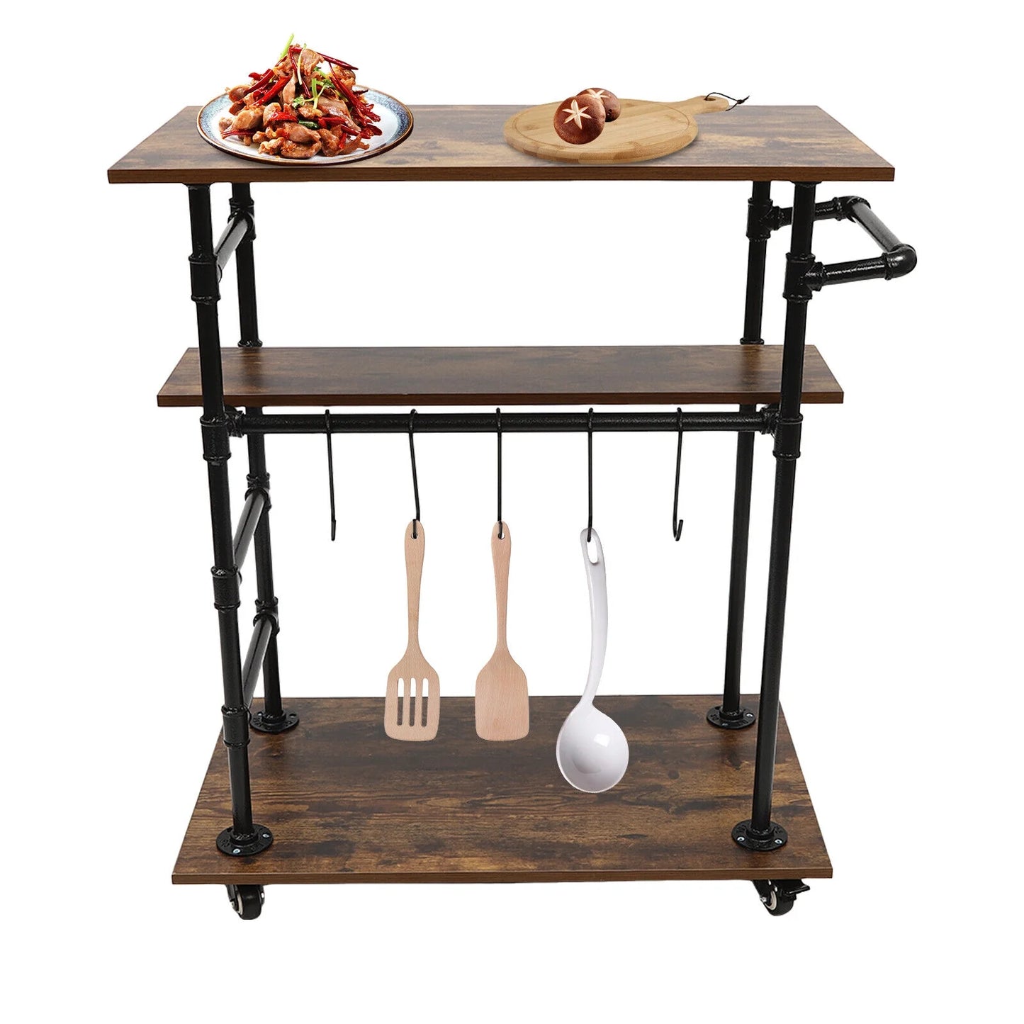 3 Layers 31.5"L x17.7"W x39.4"H Kitchen Cart Removable Hooks W/ Universal Wheels