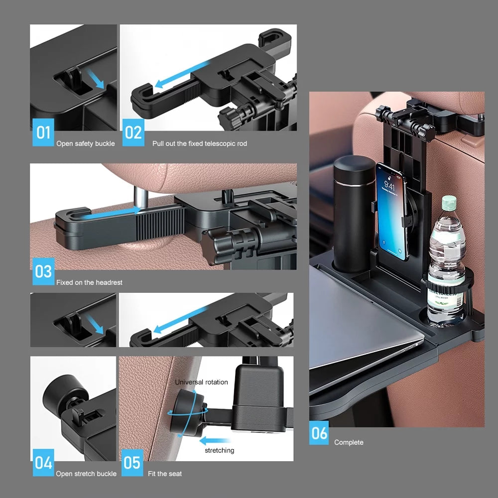 Apexeon Car Seat Table with Phone Holder, Adjustable and Foldable Back Seat Food Tray for Working, Writing, Eating， Black