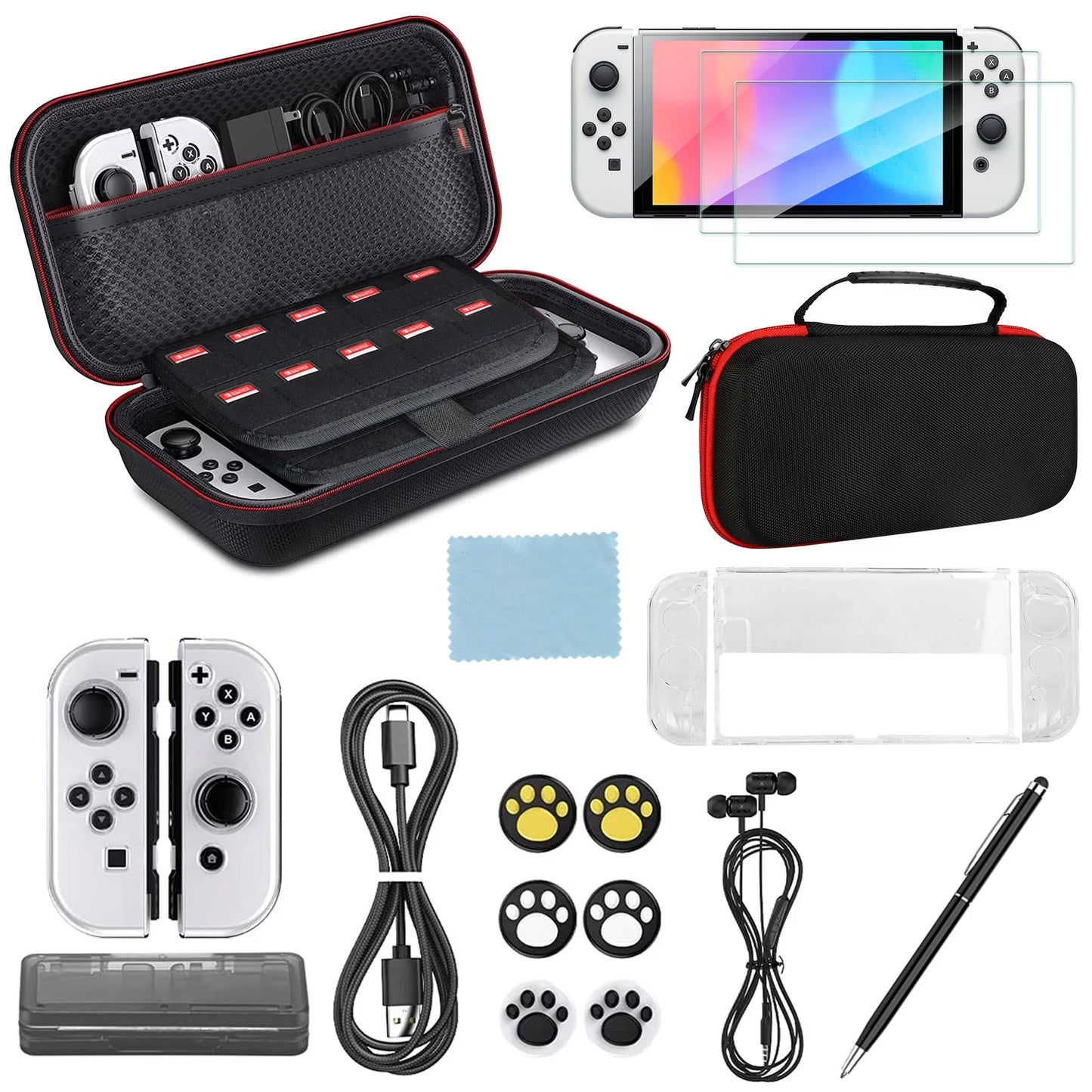 16-in-1 Accessories Kit Fit for Nintendo Switch OLED, EEEkit Accessories Bundle with Carrying Case, Protective Cover Case, Tempered Glass Monitor Protector, Thumb Grips, and More, Black