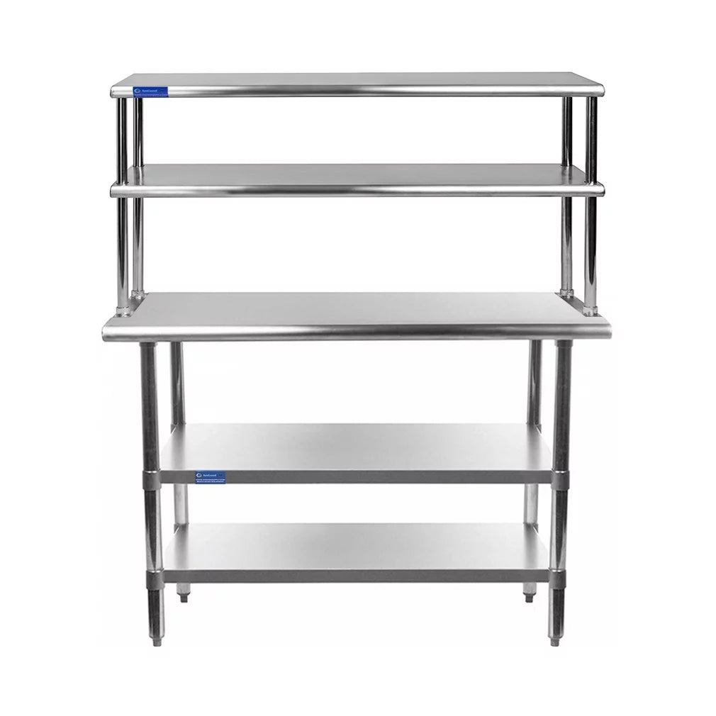 18" x 48" Stainless Steel Work Table With Two Shelves | 12" Wide Double Tier Overshelf | Metal Kitchen Prep Table & Shelving Combo