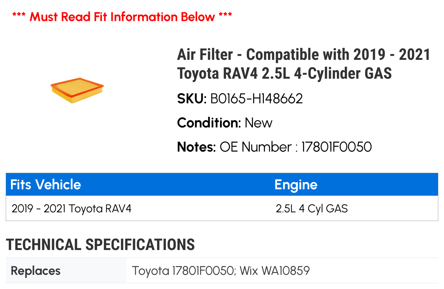 Air Filter - Compatible with 2019 - 2021 Toyota RAV4 2.5L 4-Cylinder GAS 2020